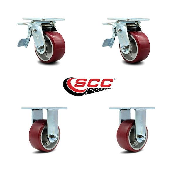 4 Inch Poly on Aluminum Caster Set with Ball Bearings 2 Brakes 2 Rigid SCC
